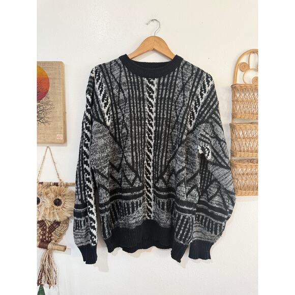 80s Black and White Geometric Grandpa Sweater XLT - Picture 1 of 9